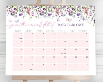 Butterfly Baby Shower Guess the Due Date Sign Template - Purple and Pink Butterfly Baby Shower - Wildflower Shower Girl Baby Shower 1616BBS