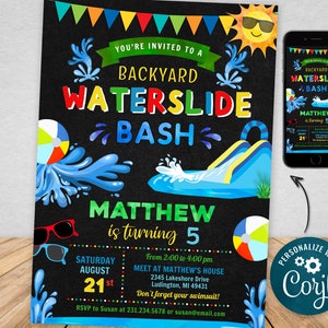 Waterslide Birthday Invitation Boy Birthday Digital & Printable Evite Electronic Invite with Thank You, Editable Instant Download WSBPB