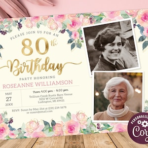 80th Birthday 2 Photo Invitation - Adult EIGHTY Birthday Invite - Gold, Cream &  Blush Pink Floral Digital INSTANT download Editable - B23C