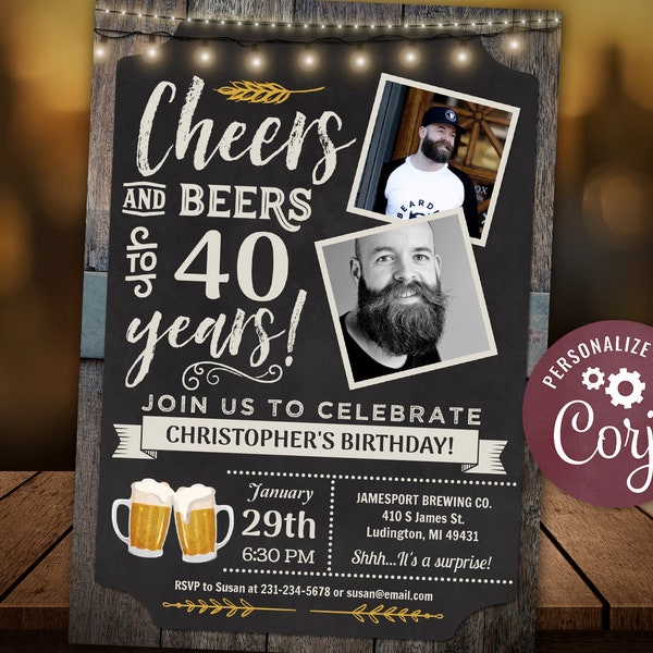 Cheers and Beers Photo Invite 40th Birthday Party Invitation FORTY Digital INSTANT Download 5x7 Editable adult mens guys CBBP