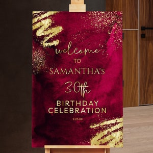 Birthday Welcome Sign Birthday Welcome Poster Maroon Red and Gold Glitter Sparkle Instant Digital Download Editable BPG BP148