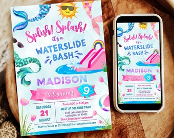 Mermaid Splash Waterslide Birthday Invitation Digital & Printable Evite Electronic Invite with Thank You, Editable Instant Download WSBP