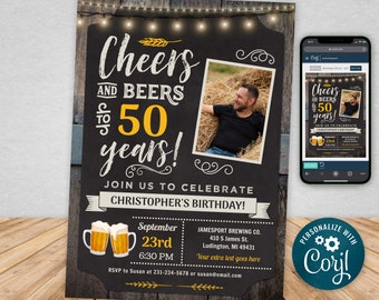 Cheers and Beers Single Photo Invite 50th Birthday Party Invitation FIFTY Digital INSTANT Download 5x7 Editable adult mens guys CBBP