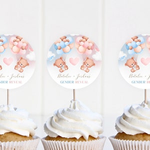Topper per cupcake modificabili con orsacchiotti di peluche per rivelare il sesso del bambino - Tema per feste di orsacchiotti maschi o femmine - Download digitale stampabile 1413