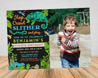 May include: A colorful invitation for a child's fourth birthday party. The invitation features a green chameleon, a snake, and other jungle animals. The text on the invitation reads "Hop, Crawl, Slither and play... Join us to celebrate Benjamin's Fourth Birthday!" The invitation also includes the date, time, and location of the party.