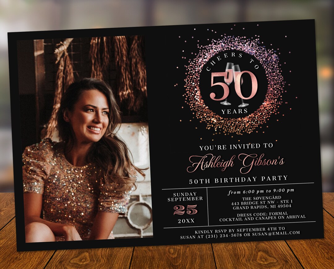 Cheers 50th Birthday Photo Invitation FIFTY Party Rose Gold Glitter Sparkle  Pink Champagne Digital Instant Download 5x7 Template BP108C - Etsy
