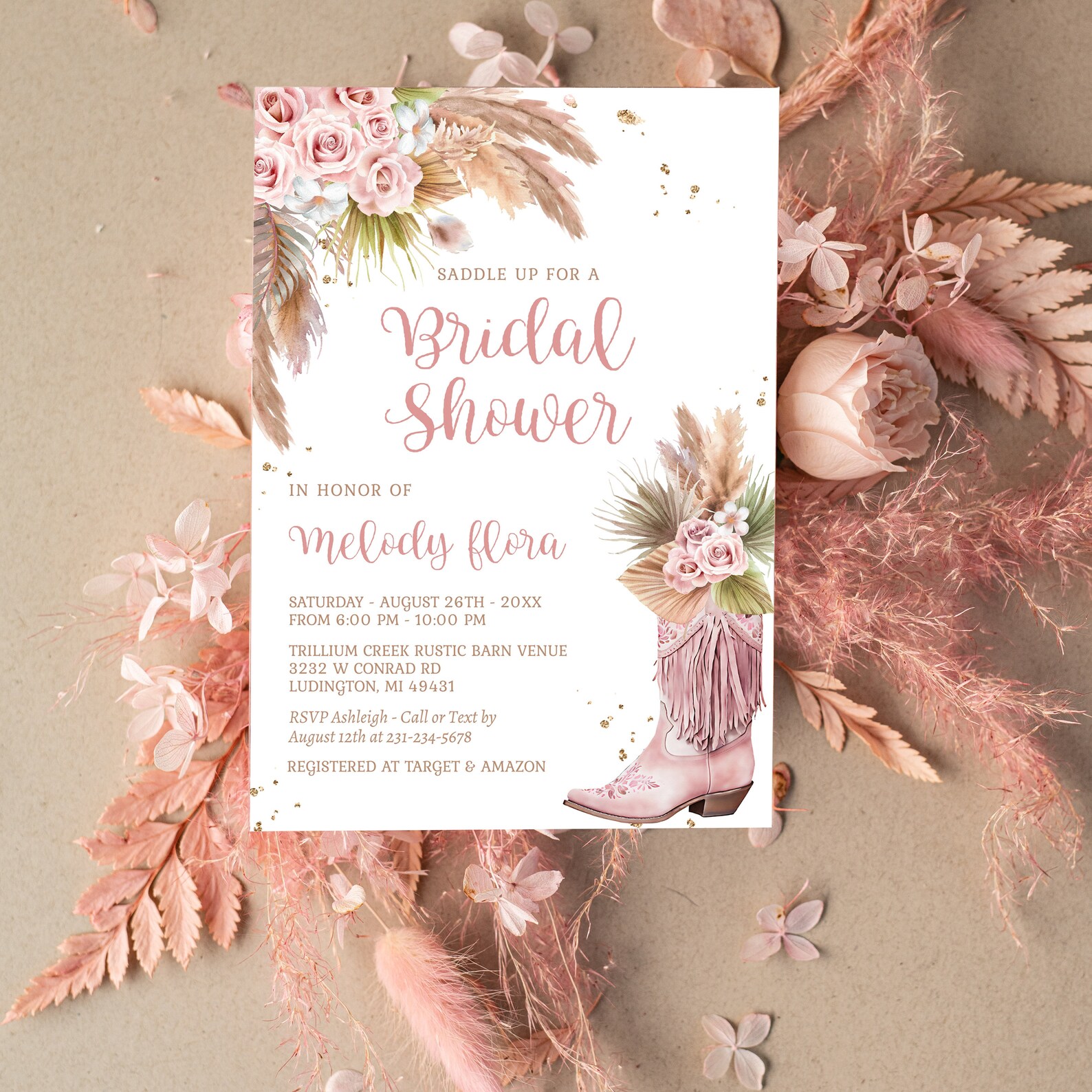 Editable Cowgirl Boot Bridal Shower Invitation With Pampas Grass and ...