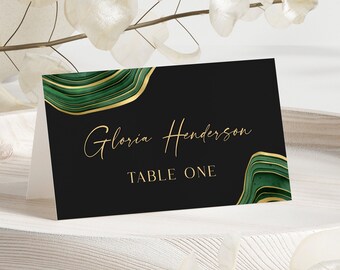 Emerald Green Black and Gold Place Card Template - Editable Tent Card Template Digital Instant Digital Download Printable Editable 0300EGG