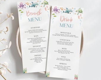 May include: A printable brunch and drink menu with a whimsical ocean theme. The menu features watercolor illustrations of sea creatures, including an octopus, a whale, and a sea turtle. The text on the menu includes a list of starters, main courses, desserts, drinks, mocktails, cocktails, beer, wine, and spirits.