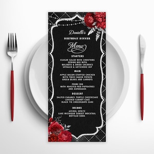 Plantilla de menú editable y plantilla de menú de bebidas para eventos, negro, rojo, plateado, descarga digital instantánea, imprimible, editable, BPR BP120