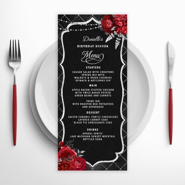 Editable Menu Template and Drink Menu Event Menu Template, Black Red Silver Digital Instant Digital Download Printable Editable BPR BP120