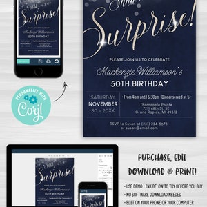 Surprise Birthday Invitation Invite Party ANY AGE Silver Glitter & Dark Blue Digital INSTANT download 5x7 Editable adult mens male womens image 6