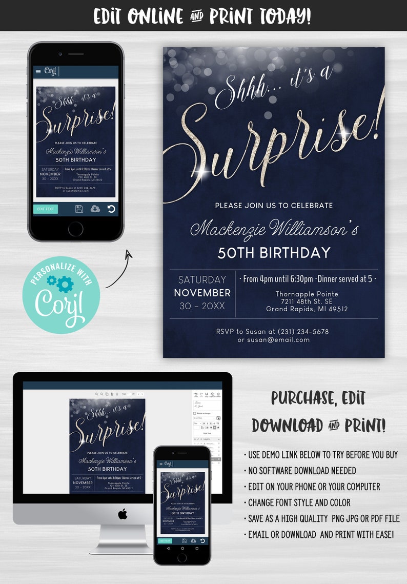 Surprise Birthday Invitation Invite Party ANY AGE Silver Glitter & Dark Blue Digital INSTANT download 5x7 Editable adult mens male womens image 6