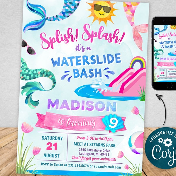 Mermaid Splash Waterslide Birthday Invitation Digital & Printable Evite Electronic Invite with Thank You, Editable Instant Download WSBP