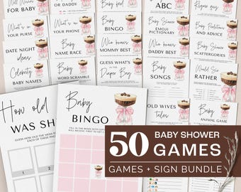Könnte beinhalten: Ein Set mit 50 druckbaren Babyparty-Spielen in einem rosa und braunen Farbschema. Die Spiele beinhalten "Baby Bingo", "Errate, was in der Windeltasche ist", "Babylieder", "Würde sie lieber" und mehr.