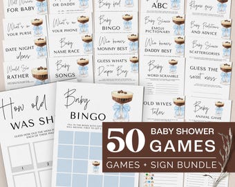 Könnte beinhalten: Ein Set mit 50 druckbaren Babyparty-Spielen in blau-weißer Farbgebung. Die Spiele beinhalten eine Vielzahl von Themen, wie "Baby Bingo", "Errate die Süße" und "Alte Weibergeschichten".