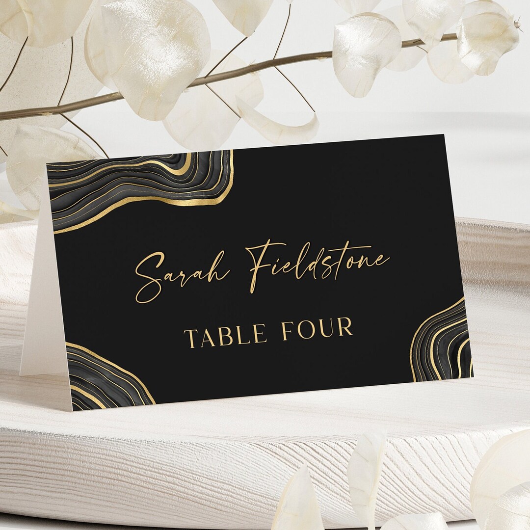 Black and Gold Place Card Template Editable Tent Card Template Digital