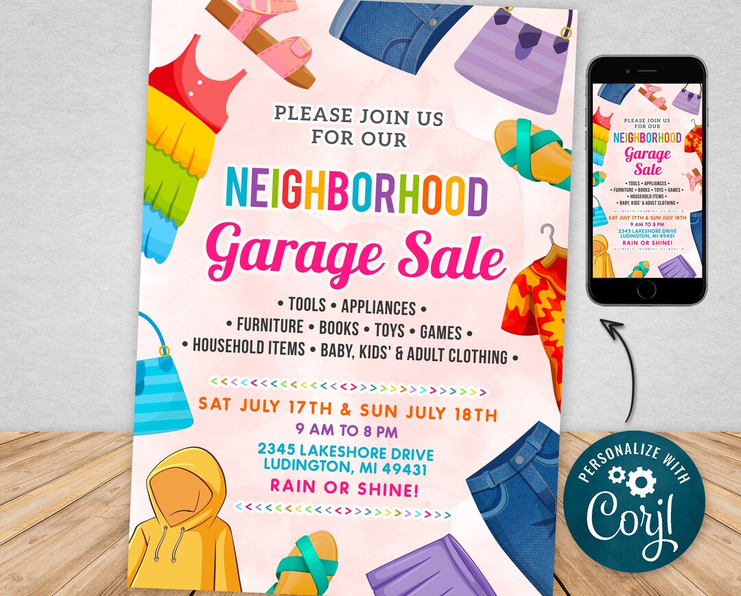 Yard Sale Printable Garage Sale Flyer Template PTA PTO Church School 