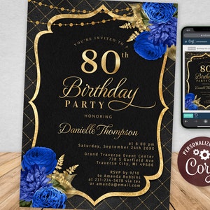 80th Birthday Invitation Template - Elegant Invite - Black with  Gold Glitter and Royal Blue Roses - Instant Download BPR BP116