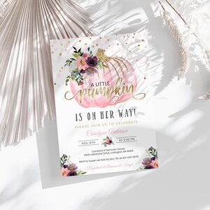 Editable Little Pumpkin Baby Shower Invitation - Pink & Gold Floral - Fall Baby Shower Invites - Autumn Fall - Digital Download BBS16