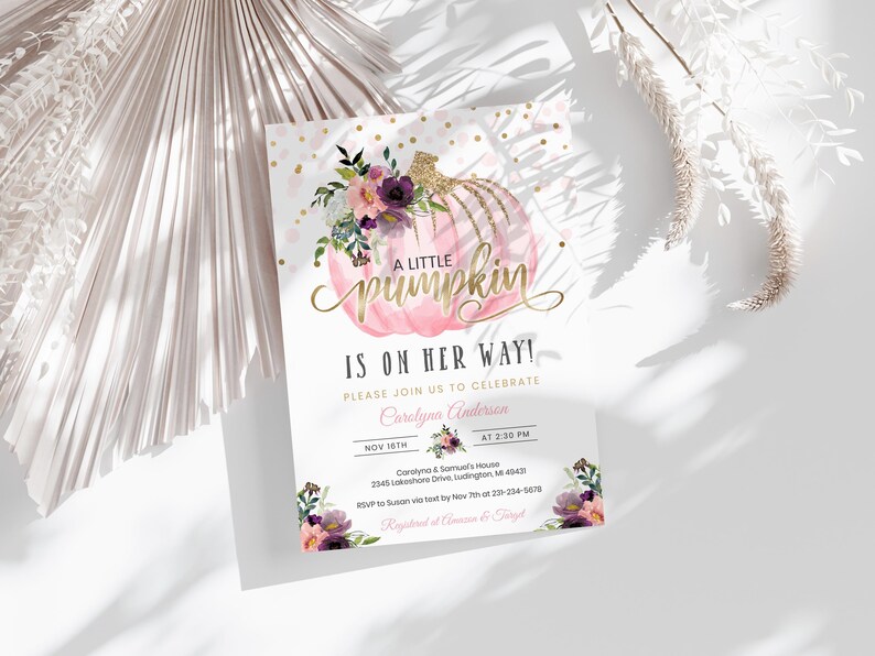 Editable Little Pumpkin Baby Shower Invitation - Pink & Gold Floral - Fall Baby Shower Invites - Autumn Fall - Digital Download BBS16