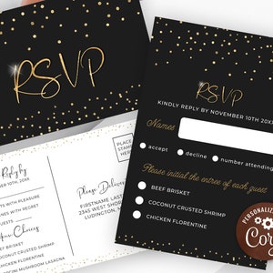 Modèle de carte RSVP noir et or - modèle de carte de réponse avec style de carte postale et choix de menu - téléchargement numérique instantané modifiable RT1517