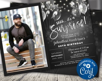 May include: Black and white birthday party invitation with silver glitter balloons and string lights. The invitation says "Shhh... it's a Surprise!" and includes the text "Please join us to celebrate Johnathan Henderson's 50th Birthday".