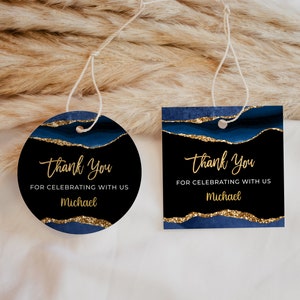 Blue and Gold Favor Tag Template -  Gift Tag Template, Glitter Sparkle Instant Digital Download Editable AGT APBBLG