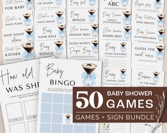 Könnte beinhalten: Ein Set mit 50 druckbaren Babyparty-Spielen in blau-weißer Farbgebung. Die Spiele zeigen ein Martini-Glas mit einem blauen Band und Kaffeebohnen. Der Text "50 Baby Shower Games" ist in brauner Schrift mit weißem Rand.