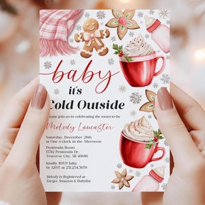 Baby It's Cold Outside Baby Shower Invitation - Fiocco rosa Cozy Cocoa Cookie Winter Snowflake - Bambina Baby Shower Printable CP162BBS