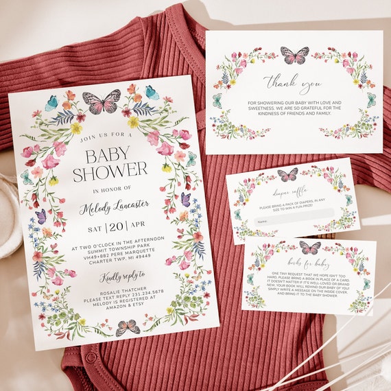 Butterfly Baby Shower Invitation Suite - Wildflower Shower - Boho Floral Baby Shower - Tiny Blooms - Printable Digital Download 1615