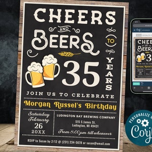 35th Cheers and Beers Birthday Party Invitation Thirty Five Wood & Chalkboard Digital INSTANT Download 5x7 Editable CB2 CBBP