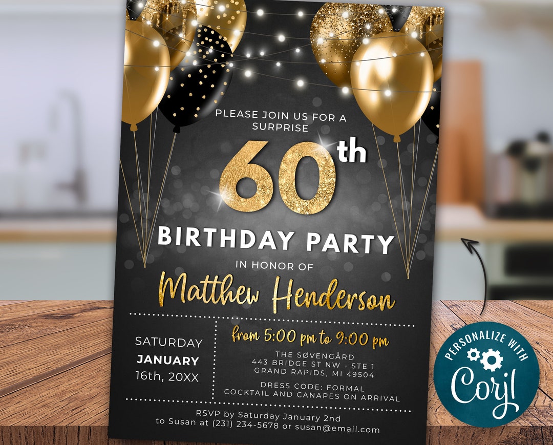 60th Birthday Invitation SIXTY Party Black Gold Glitter Sparkle