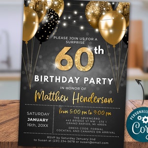 60th Birthday Invitation SIXTY Party Black Gold Glitter Sparkle Balloons Digital Instant Download 5x7 Printable Editable BPB BGB