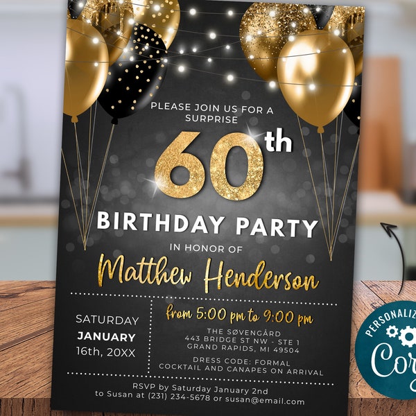 60th Birthday Invitation SIXTY Party Black Gold Glitter Sparkle Balloons Digital Instant Download 5x7 Printable Editable BPB BGB