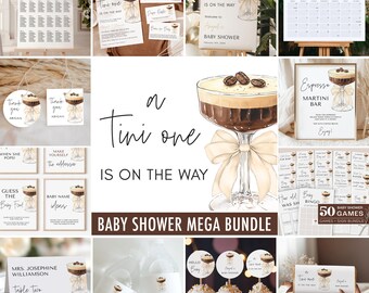 Könnte beinhalten: Ein Baby Shower Mega-Paket mit einem Kaffee- und Sahne-Cocktail-Thema. Das Paket beinhaltet ein Willkommens-Schild, einen Sitzplan, eine Bingokarte, eine Spielkarte, ein Dankeschön-Etikett, einen Cupcake-Topper, ein Wasserflaschenetikett und ein Schild für eine Espresso-Martini-Bar. Der Text auf dem Willkommens-Schild lautet "A Tini One Is On The Way".
