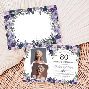 Editable 80th Birthday Photo Invitation - Adult 80th Birthday Invite - Modern Minimalist Feminine Purple Floral Digital Download - B23D