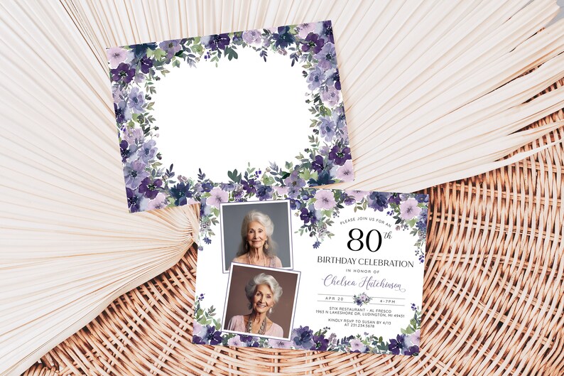 Editable 80th Birthday Photo Invitation - Adult 80th Birthday Invite - Modern Minimalist Feminine Purple Floral Digital Download - B23D