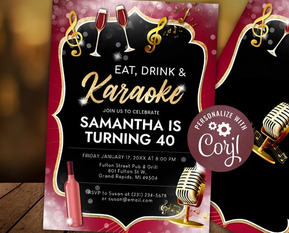 Adult Karaoke Party Invitation, Birthday Invitation, Karaoke Party Singing  Party, Red & Gold Party Invite, Editable Digital Instant Download 