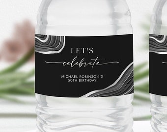 Water Bottle Labels Editable Men or Ladies Birthday Party Favors Black ...