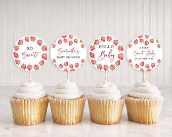 Strawberry Baby Shower Cupcake Toppers - Berry Sweet Baby Shower - Girl Baby Shower - Printable Digital Download 1418BBS