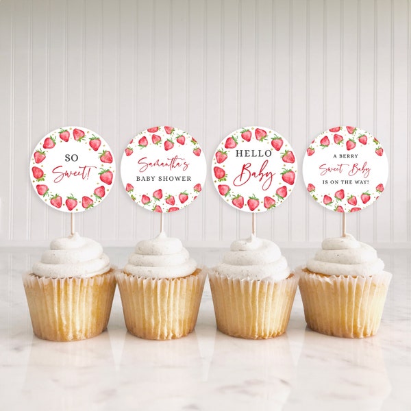 Strawberry Baby Shower Cupcake Toppers - Berry Sweet Baby Shower - Girl Baby Shower - Printable Digital Download 1418BBS