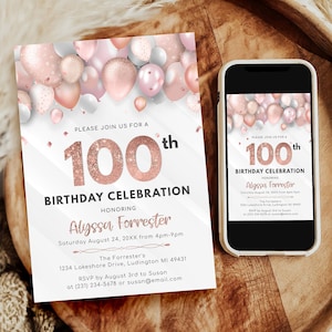 Rose Gold 100. Geburtstagseinladung - Erwachsene HUNDERT einladen - Digital SOFORT Download Bearbeitbare Womens B40 BD40BB