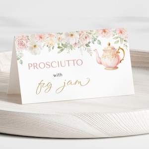 Plantilla de etiqueta de comida para tienda de campaña para despedida de soltera - Hora del té con la futura novia - Fiesta de té nupcial con flores en rosa ruborizado - 5008