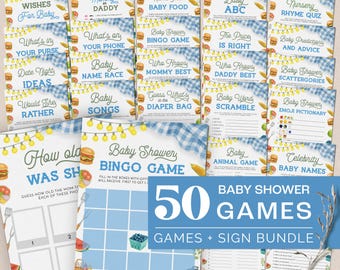 Blue BBQ Baby Shower Games Bundle – Bun in the Oven and Burgers on the Grill - Editable Template - 5040-BBSB