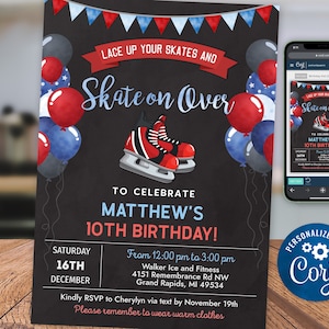 Ice Skating Birthday Invitation Boy - Boy Ice Skating Birthday Party Invite - Red White and Blue - Digital INSTANT DOWNLOAD BKIS BK9BB