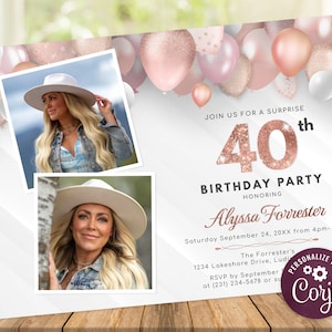 Rose Gold 40th Birthday Invitation with Photo - Two Photo Birthday Invite - Digital INSTANT download Editable Womens B40 BD40BB