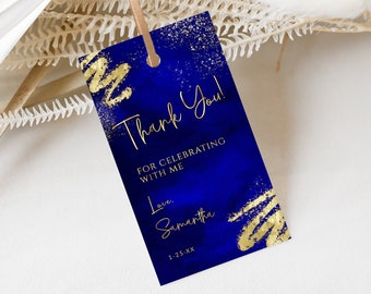 Royal Blue and Gold Favor Tag Template - Rectangle Gift Tag Template - Birthday Party Favor Tag - Digital Download Editable BPG BP147