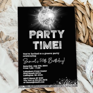 Editable Disco Party Retro Birthday Invitation - Black and Silver Disco 70&#39;s Party - Adult Birthday Invitation - Digital Download 0700A1