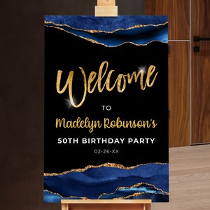 Placa de boas-vindas de aniversário Cartaz de boas-vindas de aniversário Preto, Azul-marinho e Dourado Digital Instantâneo Download Digital Imprimível Editável - AGT APBBLG